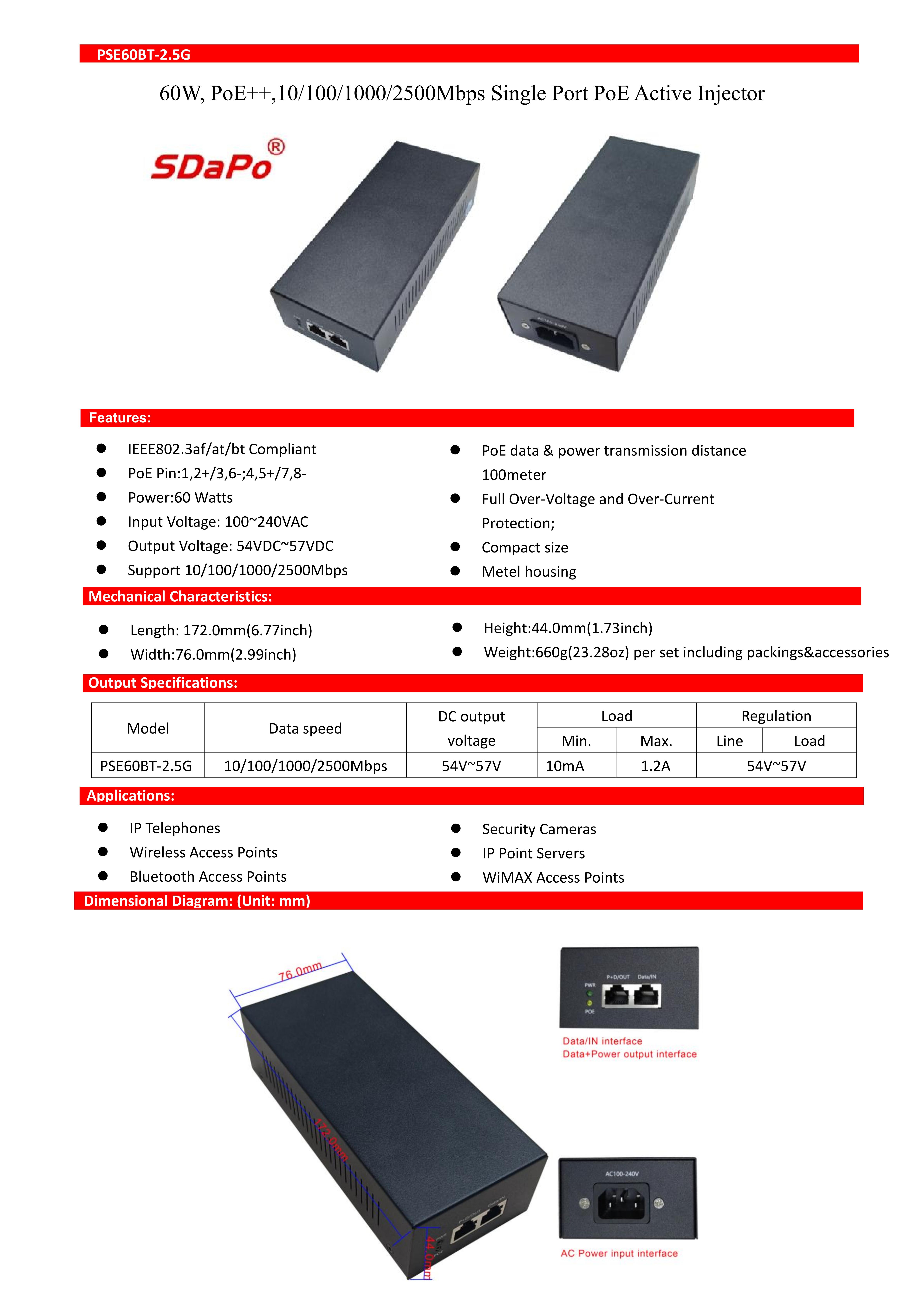 PSE60BT-2.5G PoE++ 2.5Gbps Single Port 60W PoE Active Injectors