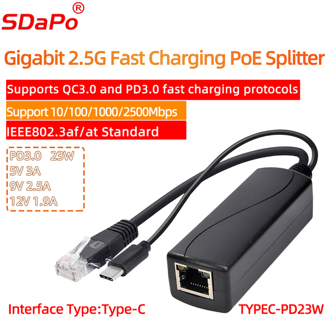 R&eacute;partiteur PoE Gigabit Ethernet TYPEC-PD23W 2.5G QC3.0 PD3.0, norme de charge rapide IEEE802.3at