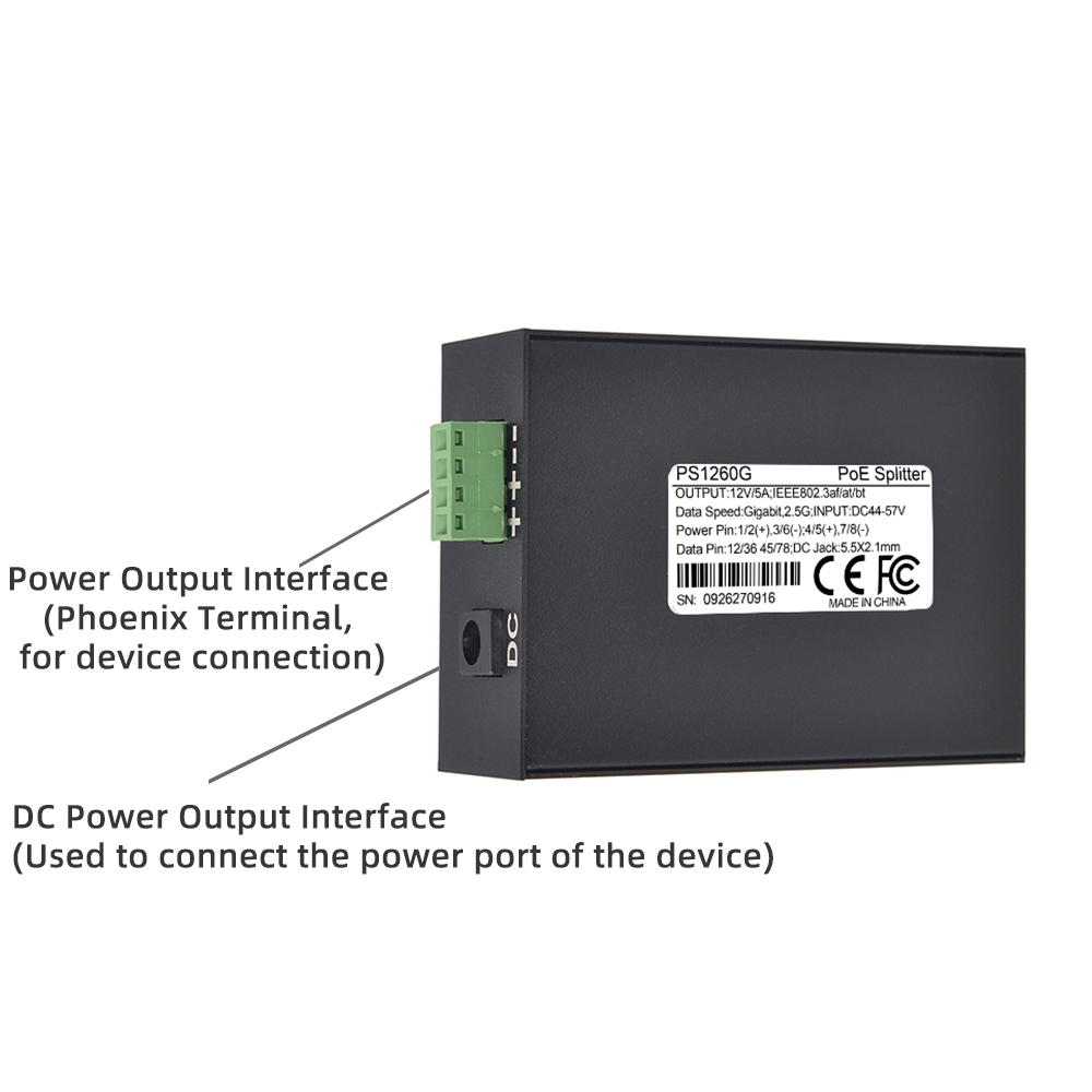 PS1260G 12V5A 60W 2.5G Gigabit Ethernet Active PoE Splitter